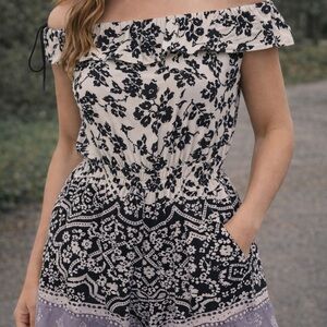 Angie Off-Shoulder Floral & Bandana-Print Jumpsuit in Cream and Black